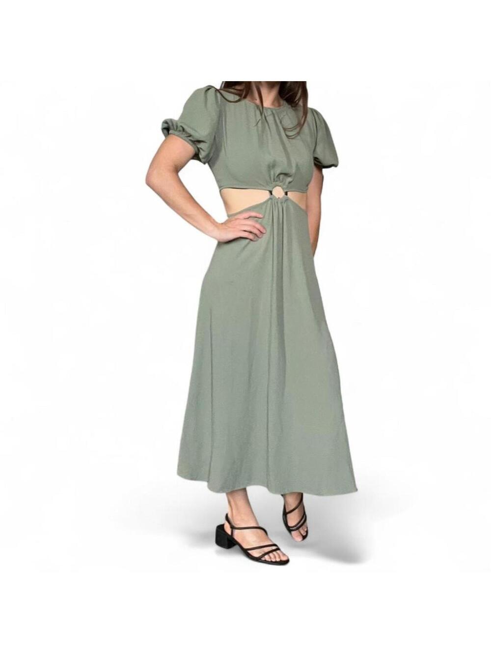 Zara Sage Green Maxi Dress with Cut-Out Waist and Puffy Sleeves